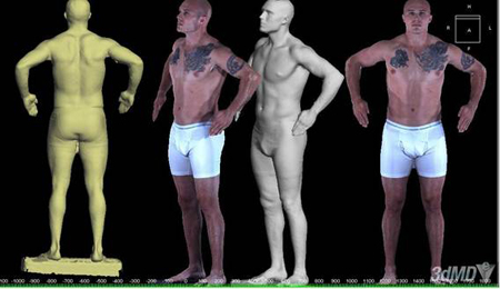 Four digital renderings of a man's body: back view, side view, 3D model, and front view.