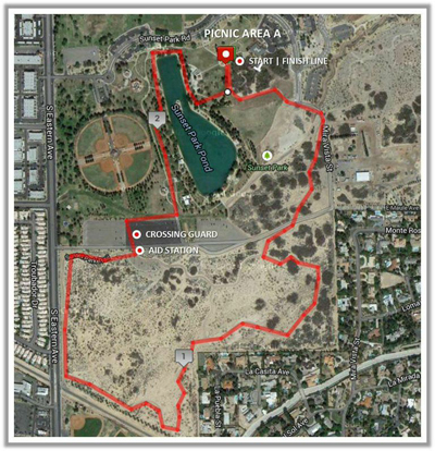 Aerial map showing a red-outlined race course through Sunset Park, including a pond and start/finish line.
