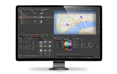 A computer monitor showing a professional digital editing software interface with map layers and tool panels.