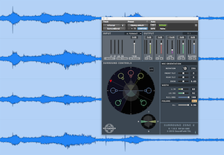 Audio software interface with surround controls overlaid on blue digital waveforms.