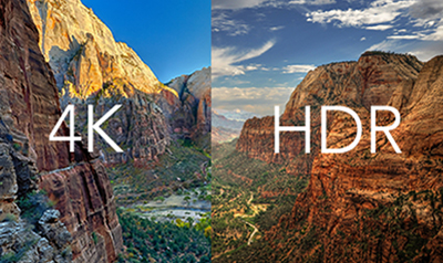 Split screen showing a mountain landscape with 4K text on the left and HDR text on the right.