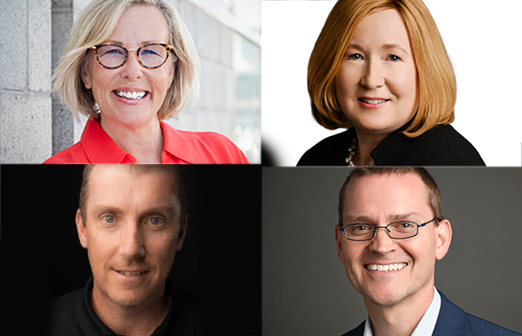 Four separate portrait headshots of smiling men and women against different backgrounds.
