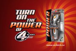 Schick Quattro Power razor in packaging against a red sunburst background with text reading Turn on the power of 4 blades.