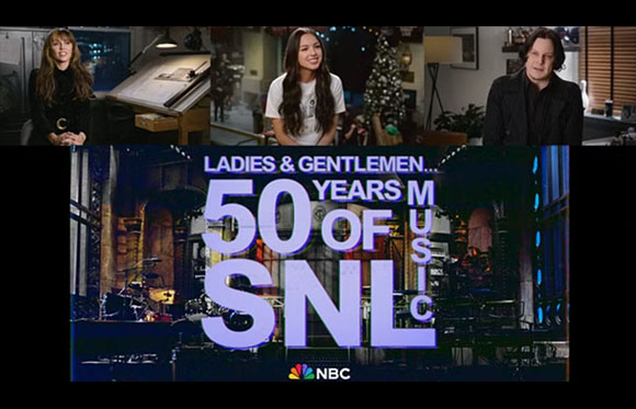 Three people in video call windows above a graphic reading 50 Years of SNL Music with the NBC logo.