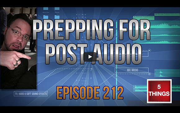 Text reads 'Prepping for Post Audio Episode 212' over a blue digital background with a man pointing in a corner inset.