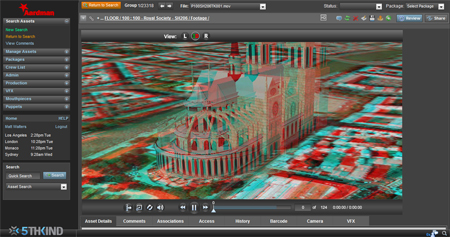 A computer software interface showing a red and cyan 3D stereoscopic view of a city and large building.