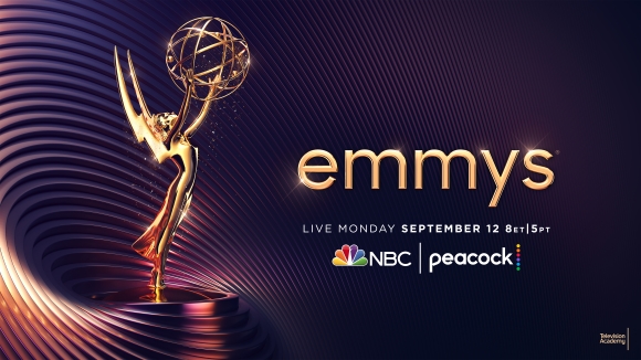 Golden Emmy statuette against a dark purple background with text announcing the live broadcast date and networks.