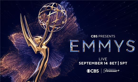 Gold Emmy statuette against a sparkling purple background with text announcing the live broadcast date.