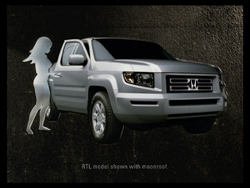 Silver Honda Ridgeline pickup truck with a translucent human silhouette standing next to the driver's side.
