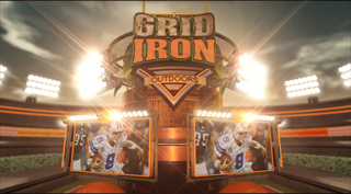 Gridiron Outdoors logo centered above two screens showing football players in a stadium.