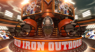 A digital graphic with football helmets, a silver football, and player screens under bright stadium lights.