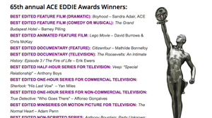 A list of winners for the 65th annual ACE Eddie Awards next to a silver trophy statue.