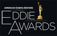 Logo for the American Cinema Editors Eddie Awards featuring white text and a gold silhouette of a trophy.