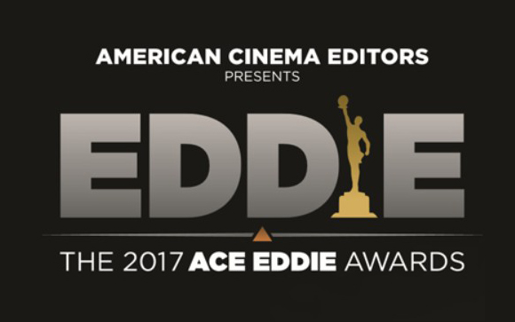 Text reading AMERICAN CINEMA EDITORS PRESENTS EDDIE THE 2017 ACE EDDIE AWARDS with a gold trophy silhouette.