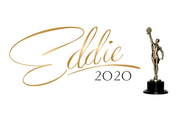 Gold script text reading 'Eddie 2020' next to a gold trophy of a man holding a globe.
