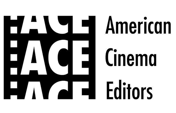 Black and white logo with the word ACE repeated in a grid pattern next to the text American Cinema Editors.