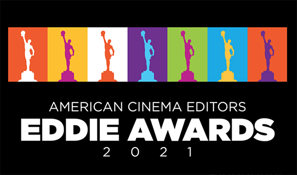 Seven colorful silhouettes of award trophies above the text 'American Cinema Editors Eddie Awards 2021'.