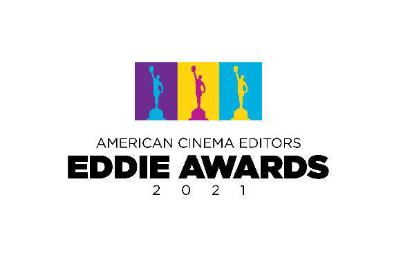 Logo for the 2021 American Cinema Editors Eddie Awards featuring three colorful trophy silhouettes.