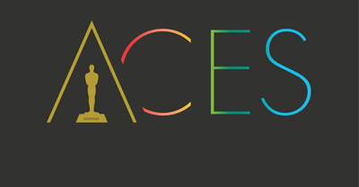 Stylized text reading ACES with a gold Oscar-like silhouette inside the letter A.
