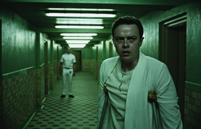 A man in a white robe and t-shirt stands in a long, green-lit hospital corridor.