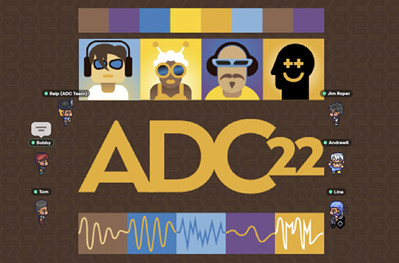 Five stylized cartoon avatars arranged in a row above the text ADC22 on a brown patterned background.