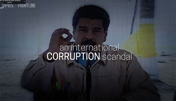 A man with a mustache sits behind the text 'an international CORRUPTION scandal' against a textured background.