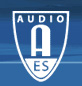 White shield logo with the text AUDIO, a large letter A, and ES on a blue background.