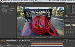 After Effects software interface displaying a video of a vehicle with colorful particle effects and text.