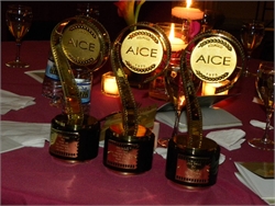 Three gold circular AICE awards with film strip motifs standing on a red tablecloth near lit candles.