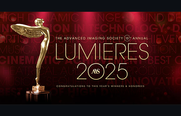 Gold winged trophy statue next to text reading Lumieres 2025 by The Advanced Imaging Society.