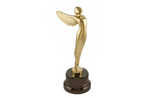 A gold-colored trophy of a winged female figure standing on a circular dark pedestal.