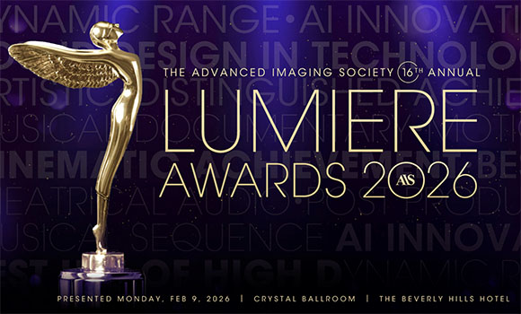 Gold winged trophy statue next to text for the Lumiere Awards 2026 by The Advanced Imaging Society.