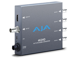 A gray AJA 4K2HD down converter with various input and output ports on the sides.