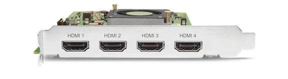 A silver metal expansion card bracket featuring four labeled HDMI ports in a row.