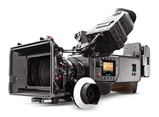 A professional cinema camera rig with a large lens, matte box, and top-mounted monitor on a white background.