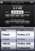 A black user interface showing 6.3 GB storage, timecode, audio bitrate, and video format options.