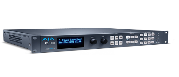 A dark gray AJA FS-HDR rack-mounted video processing unit with a digital display and various control buttons.