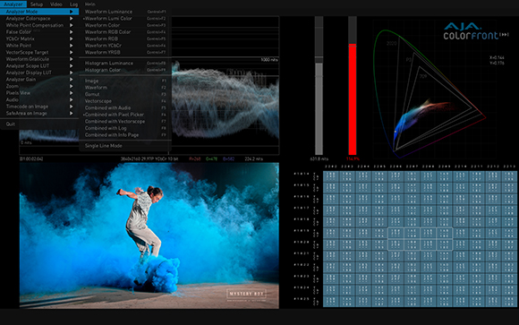 A video analysis interface showing waveform, color gamut, histogram, and a blue smoke scene.