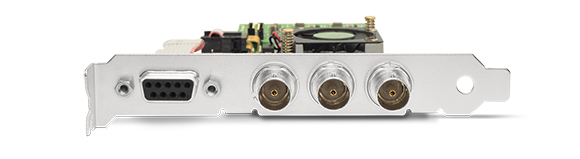 Rear view of a computer graphics card showing a VGA port and three BNC connectors on a silver bracket.