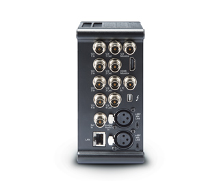 Rear view of a black electronic device featuring multiple SDI, HDMI, audio, and LAN ports.
