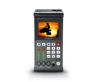 A black handheld video monitor displaying a silhouette of an ATV rider against a sunset.