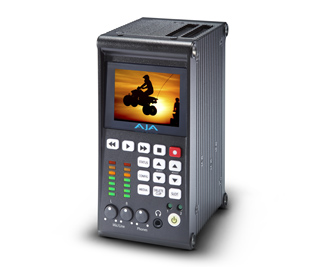 A black rectangular AJA video monitor with a small screen and various control buttons.