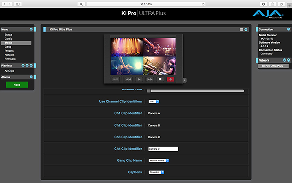 Software interface for Ki Pro Ultra Plus showing media playback and channel clip identifiers.