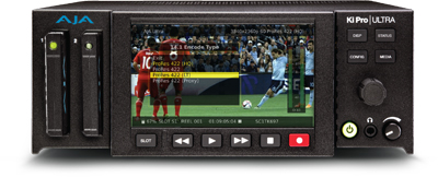 A black AJA Ki Pro Ultra media player featuring a central screen displaying video and various control buttons.