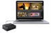 A laptop displaying video editing software connected via cable to a small black external hard drive.