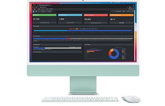A desktop computer monitor showing a dark-themed dashboard with various data charts and statistics.