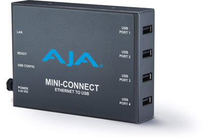 A black rectangular AJA Mini-Connect device with four USB ports on the right side and status labels on the left.