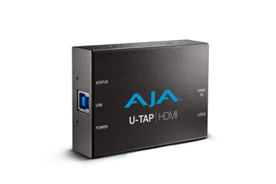 Black AJA U-TAP HDMI rectangular device with USB port and status lights on a white background.