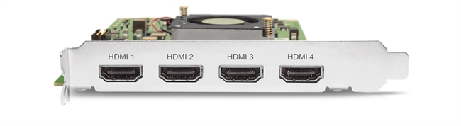 A computer graphics card showing four HDMI ports labeled HDMI 1 through HDMI 4 on a silver metal bracket.