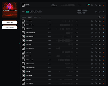 Digital music software interface showing a list of audio stems with waveforms and playback controls.